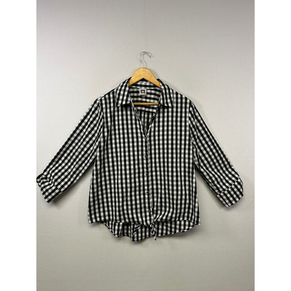 Picnic Preppy Anne Klein Womens Large Black‎ Gingham Tie Front Button Down Shirt